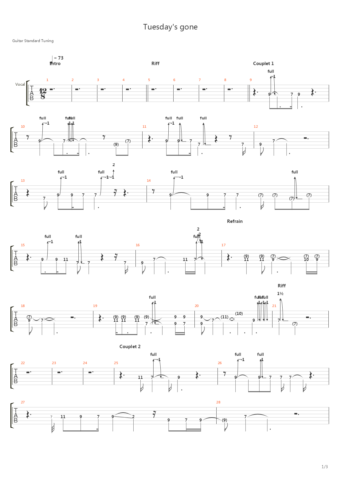 Tuesdays Gone吉他谱