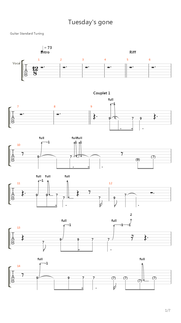 Tuesdays Gone吉他谱