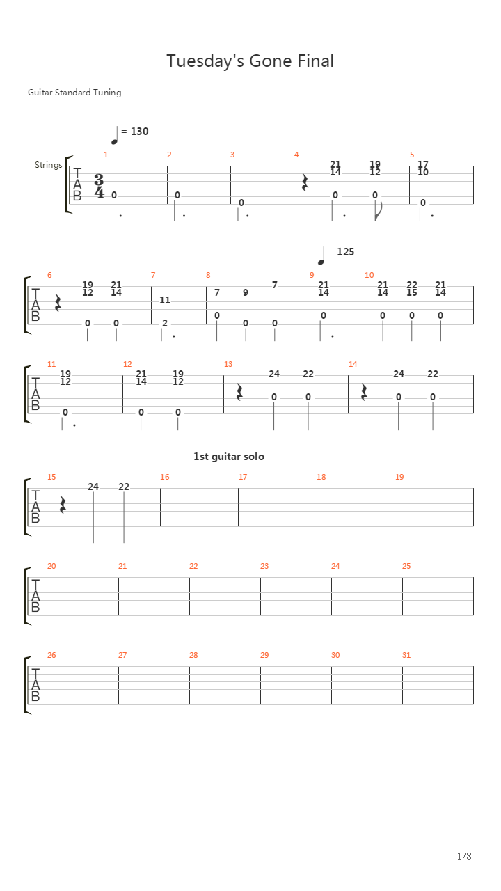 Tuesdays Gone吉他谱