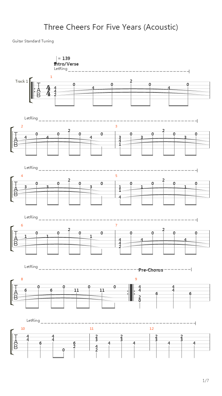 Three Cheers For Five Years吉他谱