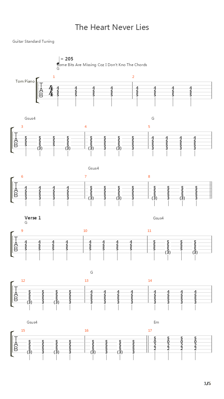 The Heart Never Lies吉他谱