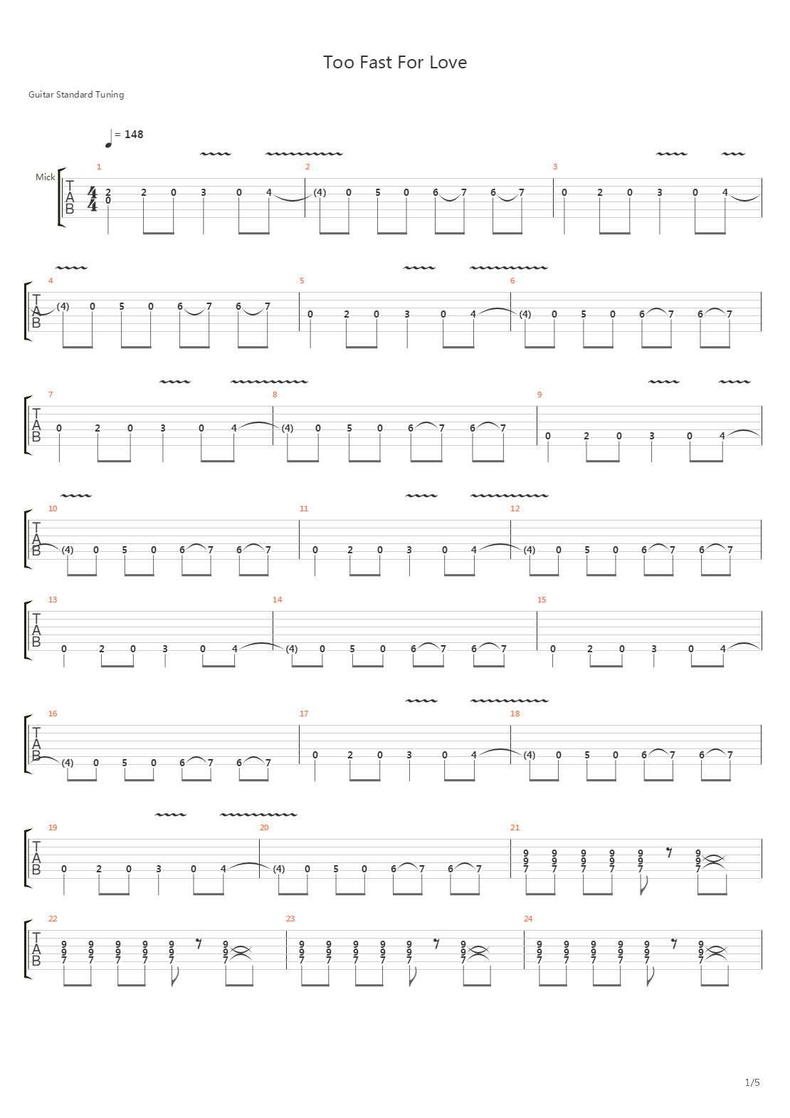 Too Fast For Love吉他谱