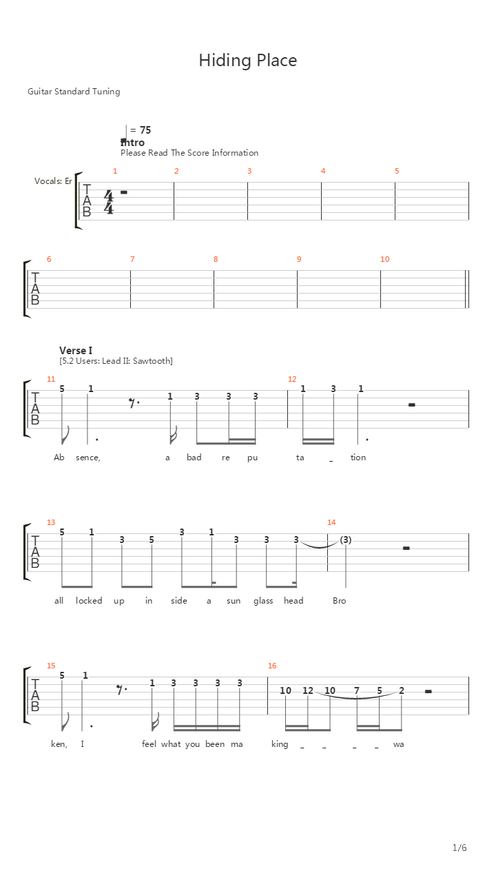 Hiding Place吉他谱
