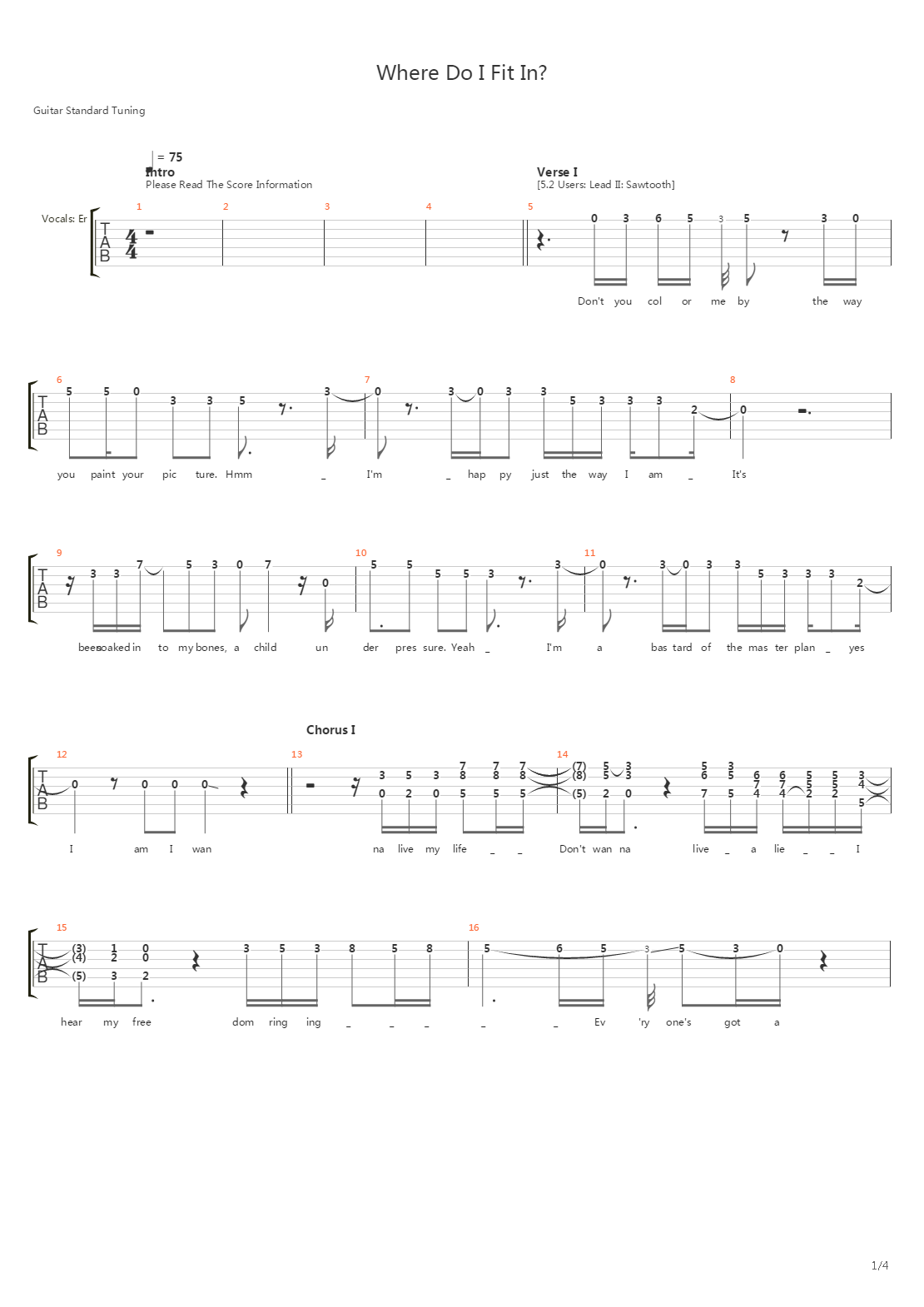 Where Do I Fit In吉他谱