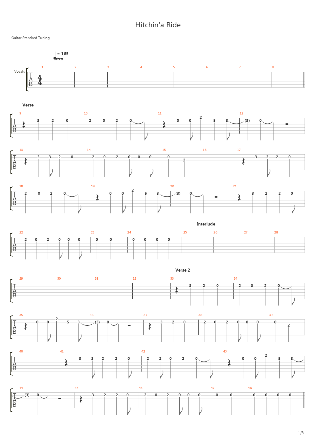 Hitchin A Ride吉他谱