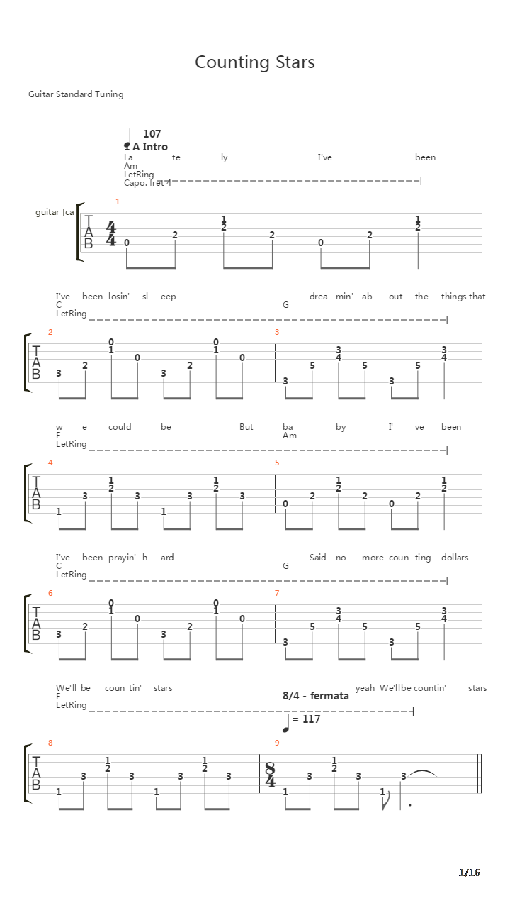 Counting Stars吉他谱