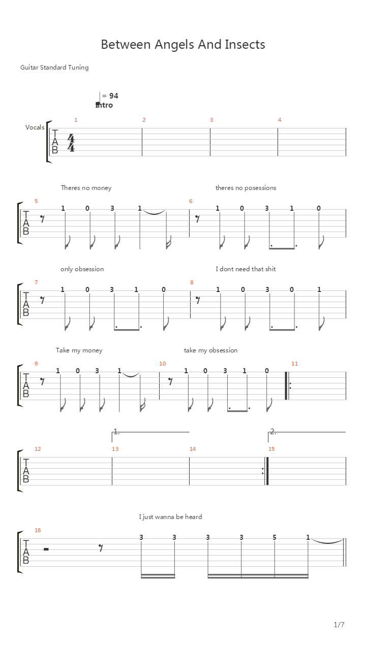 Between Angels And Insects吉他谱