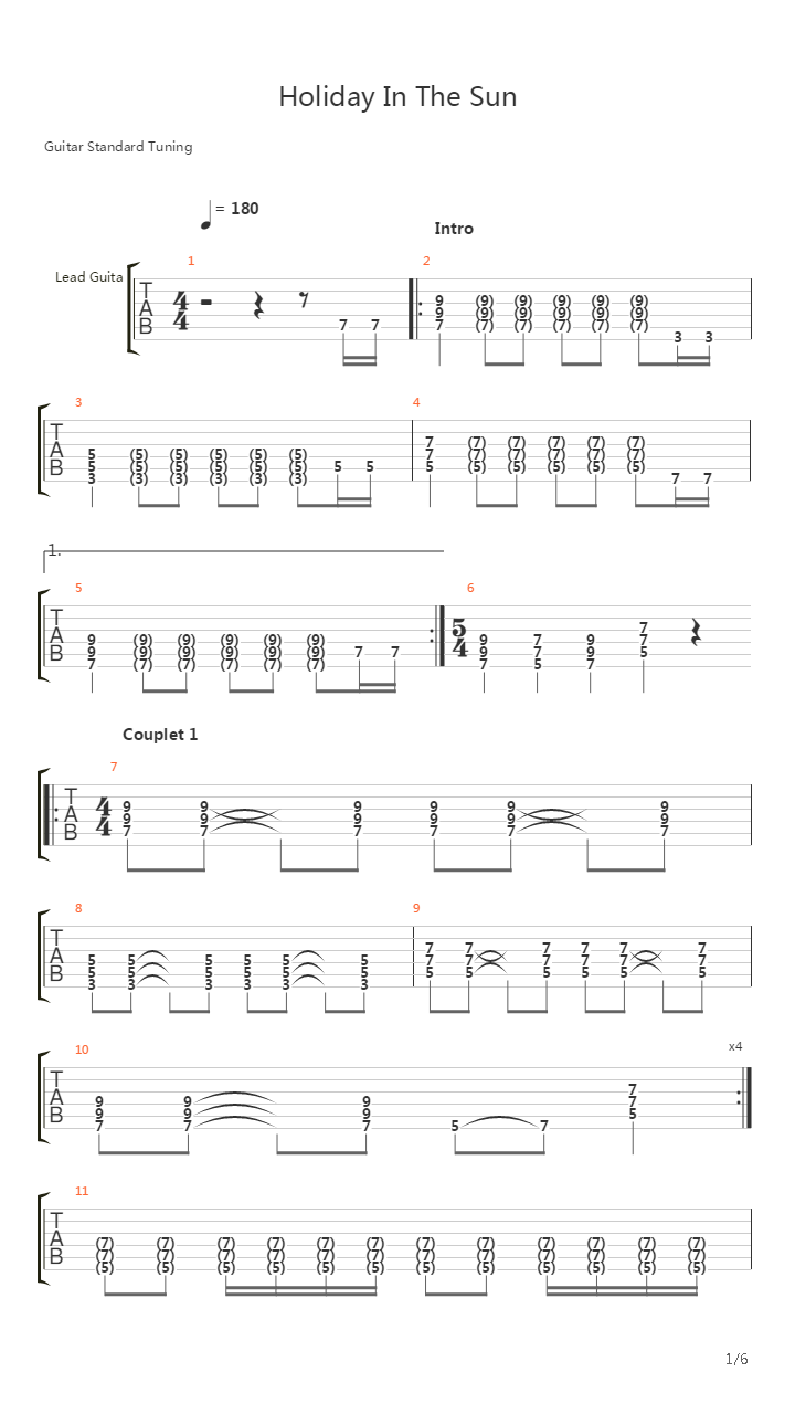 Holiday In The Sun吉他谱
