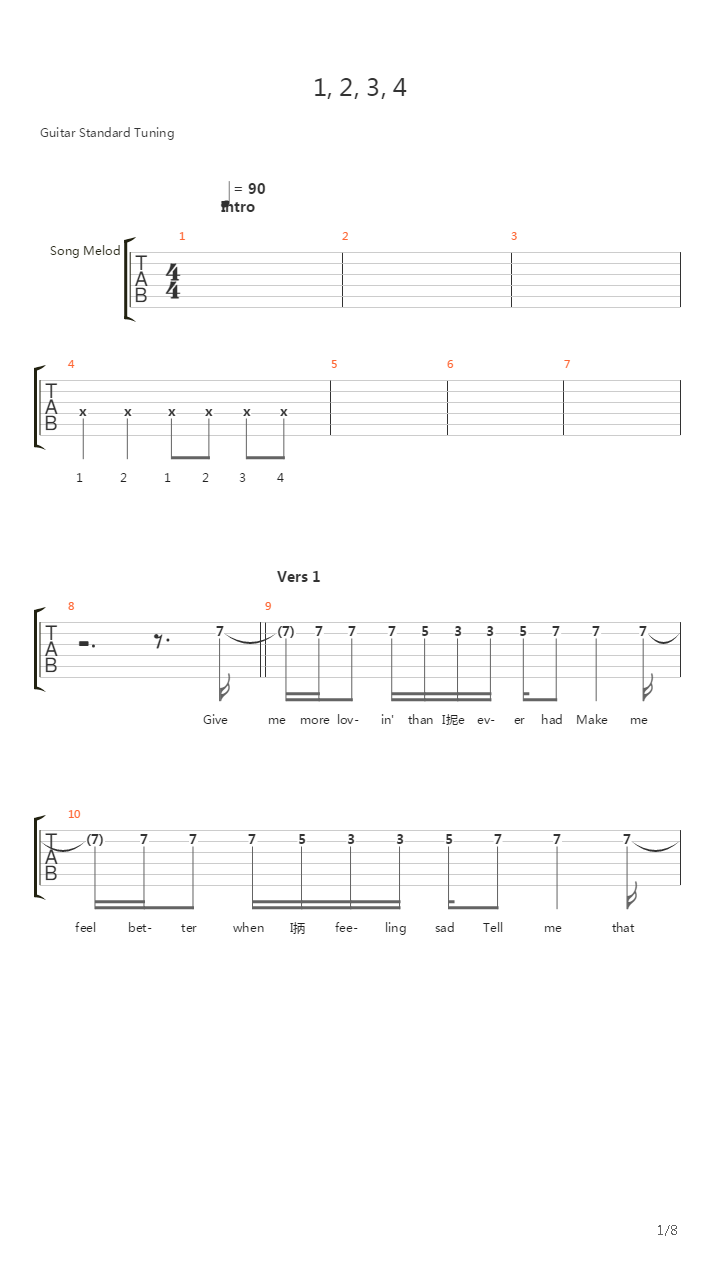 1 2 3 4吉他谱