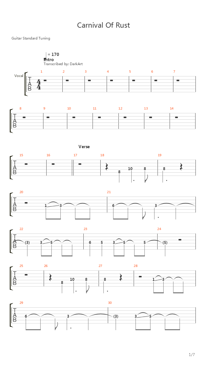Carnival Of Rust吉他谱