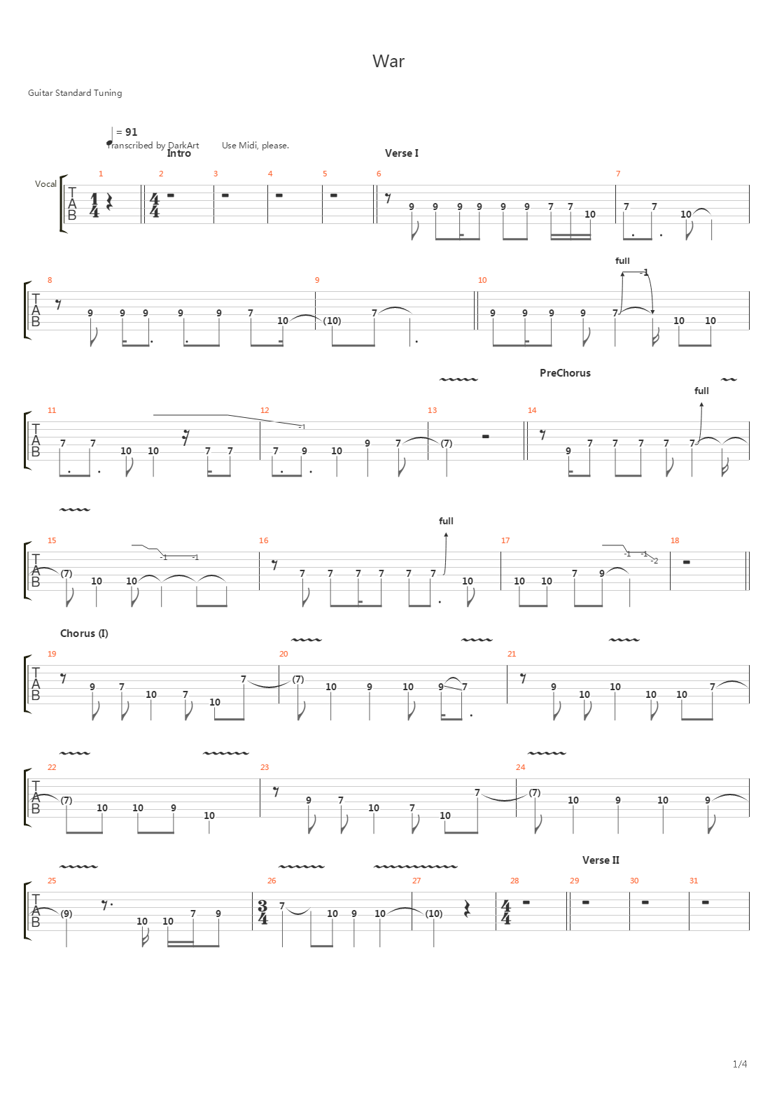 War吉他谱