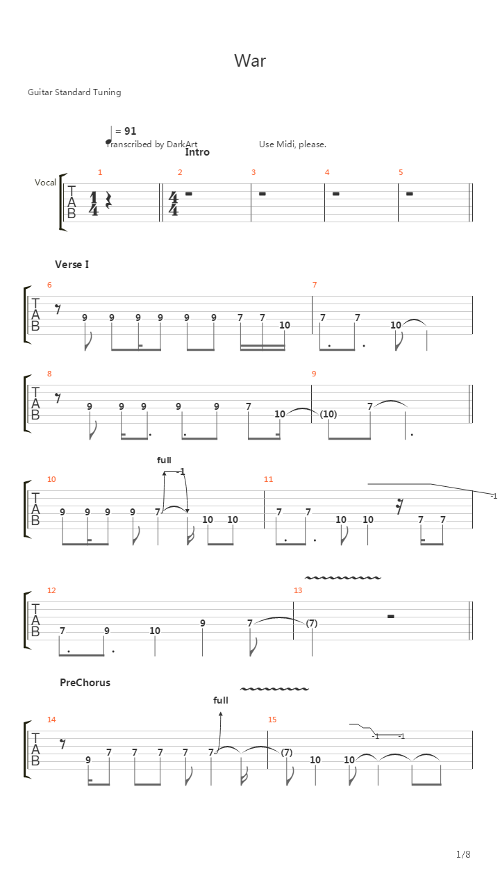 War吉他谱