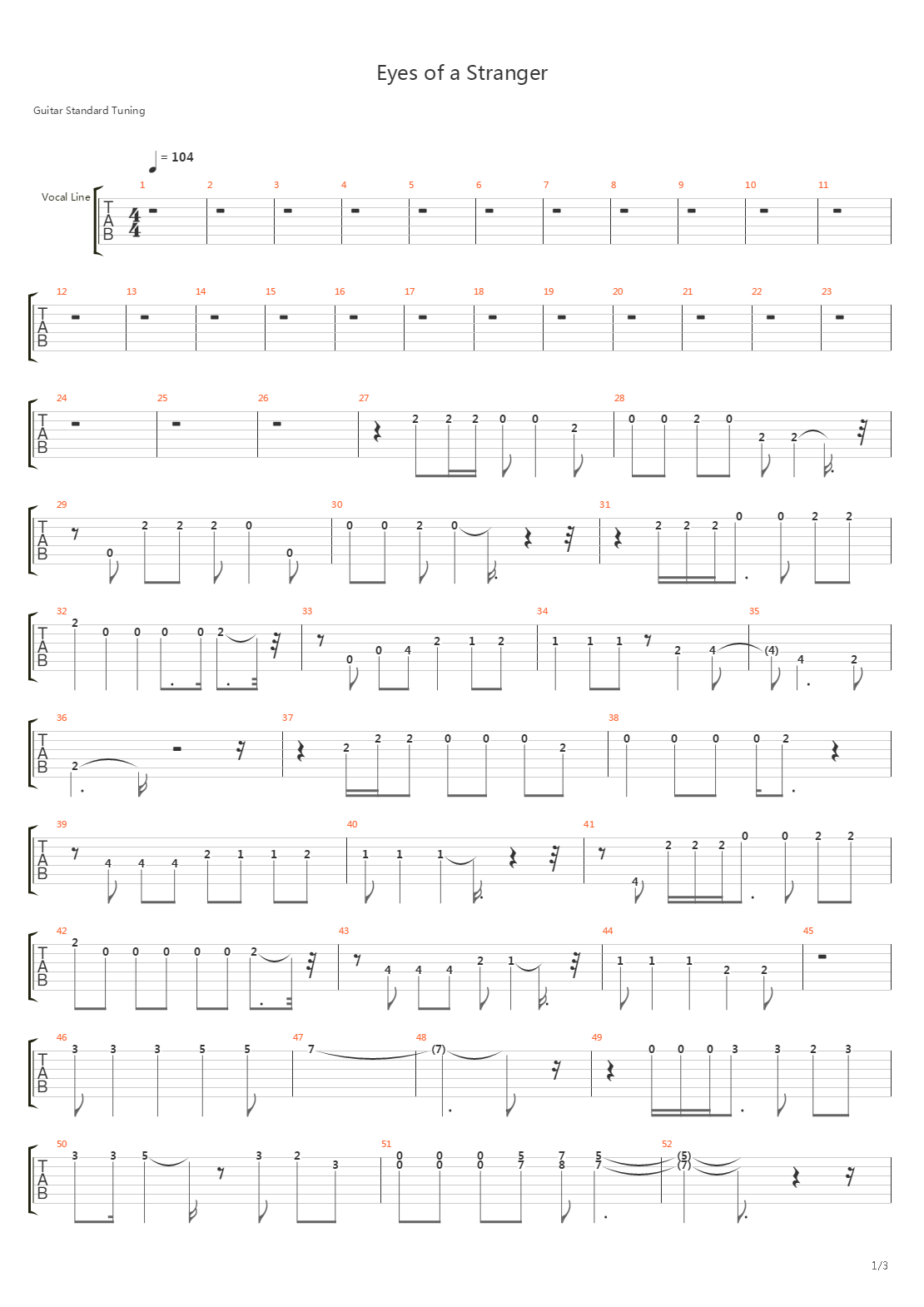 Eyes Of A Stranger吉他谱