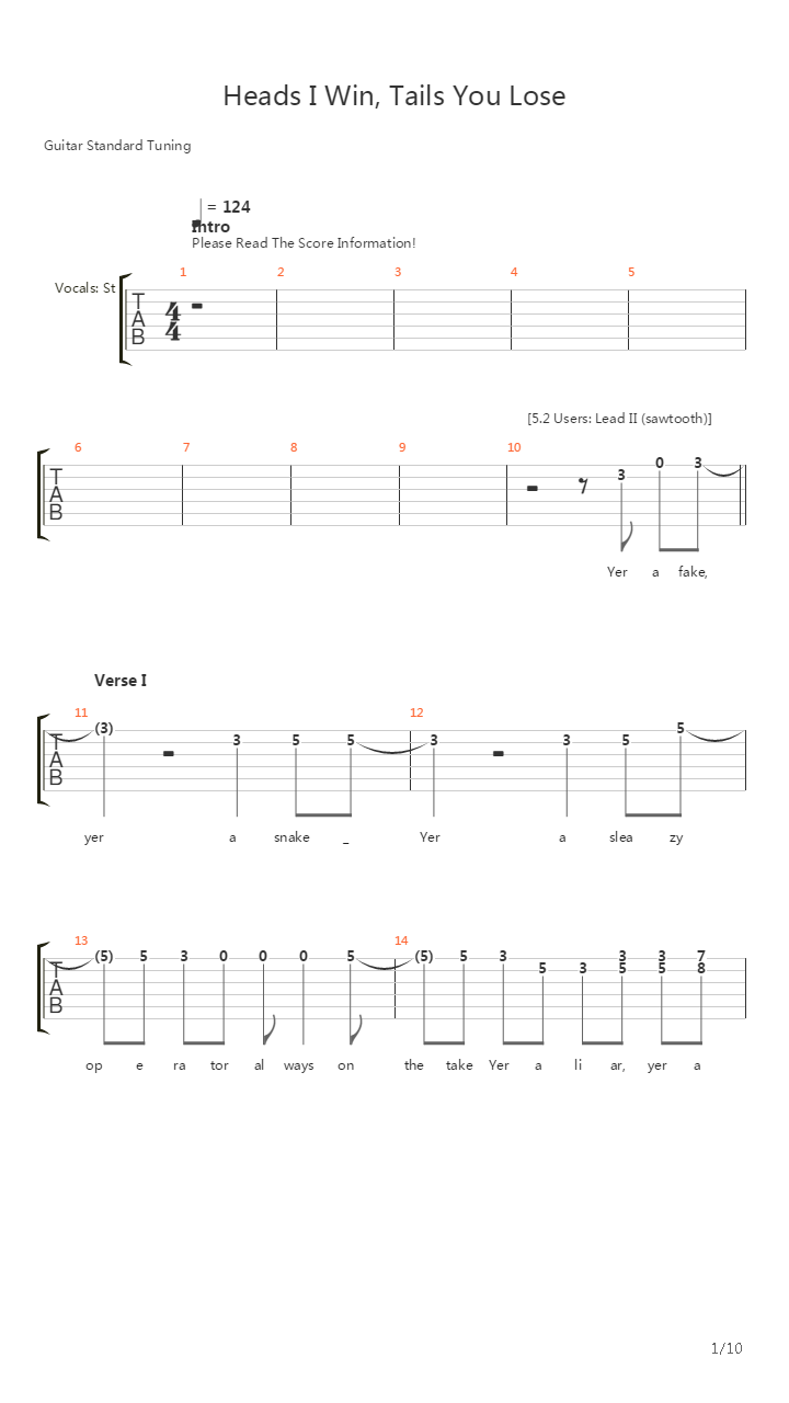 Heads I Win Tails You Lose吉他谱