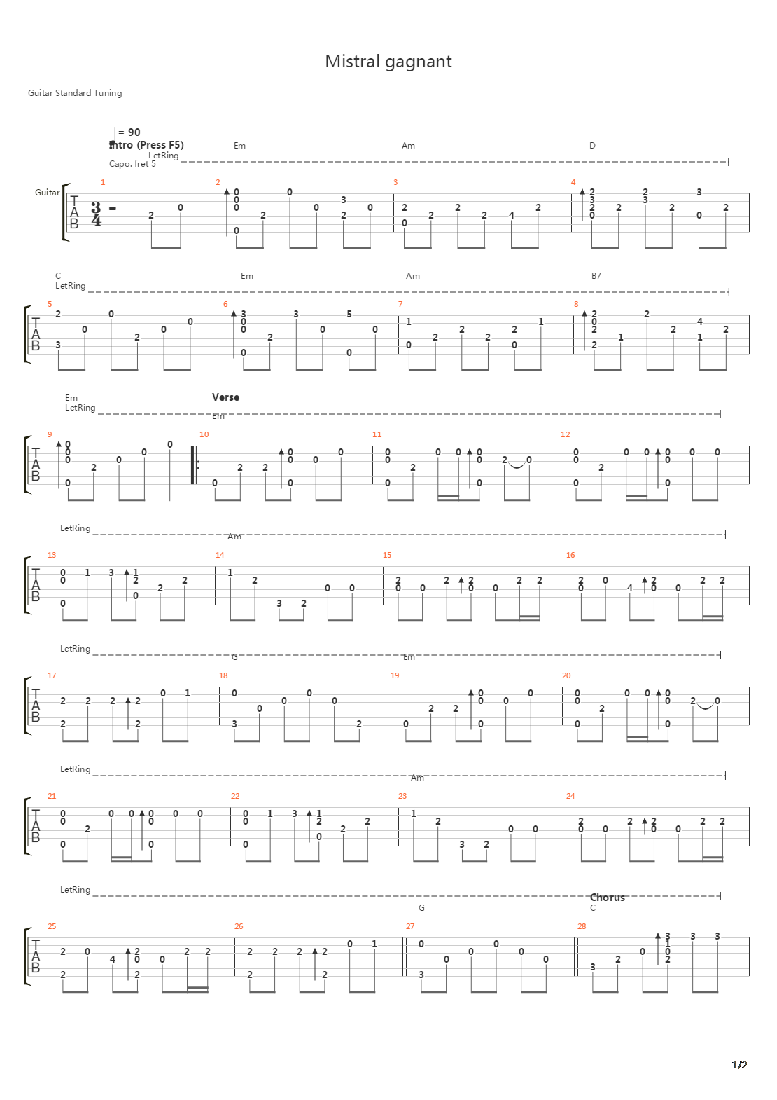 Mistral Gagnant吉他谱