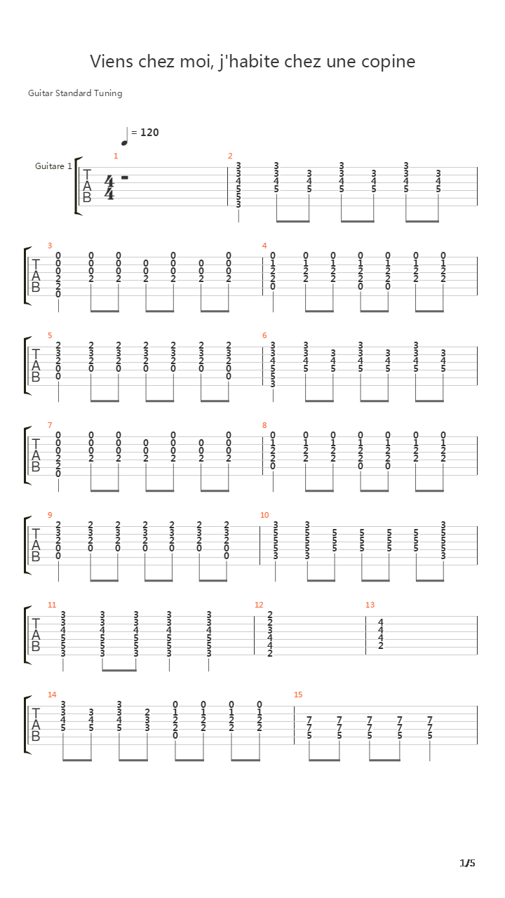 Viens Chez Moi Jhabite Chez Une Copine吉他谱