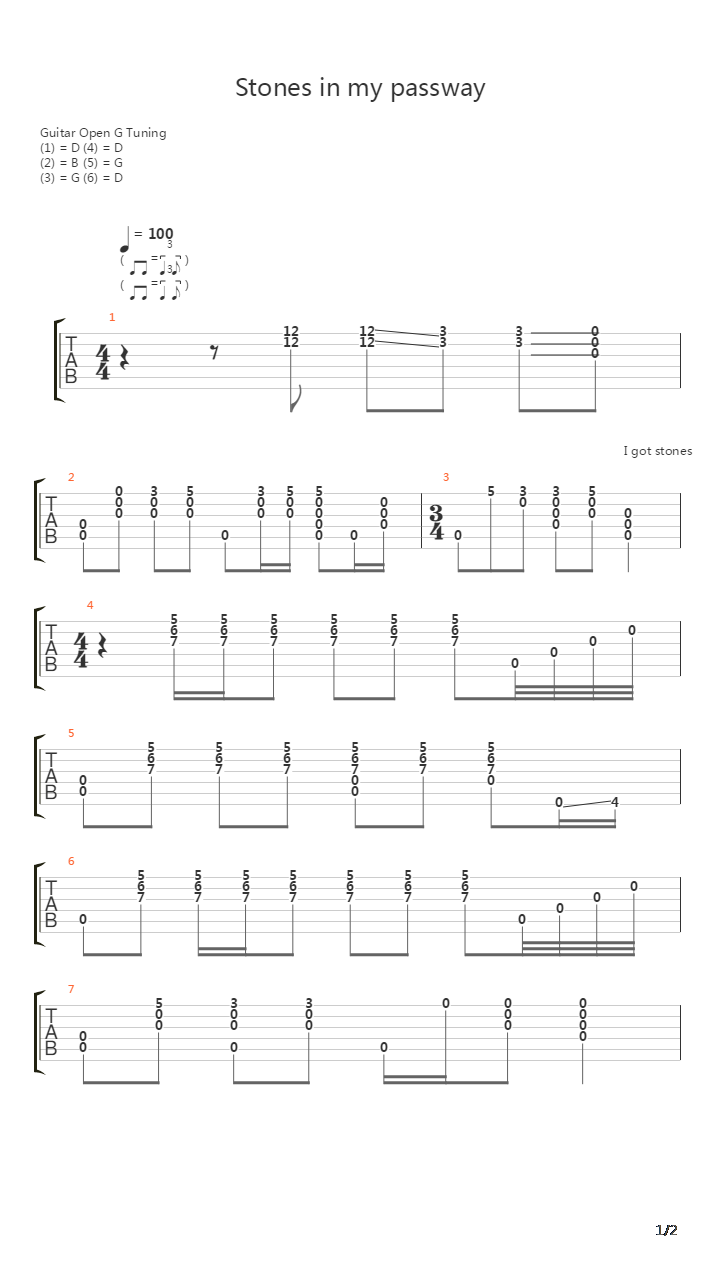 Stones In My Passway吉他谱
