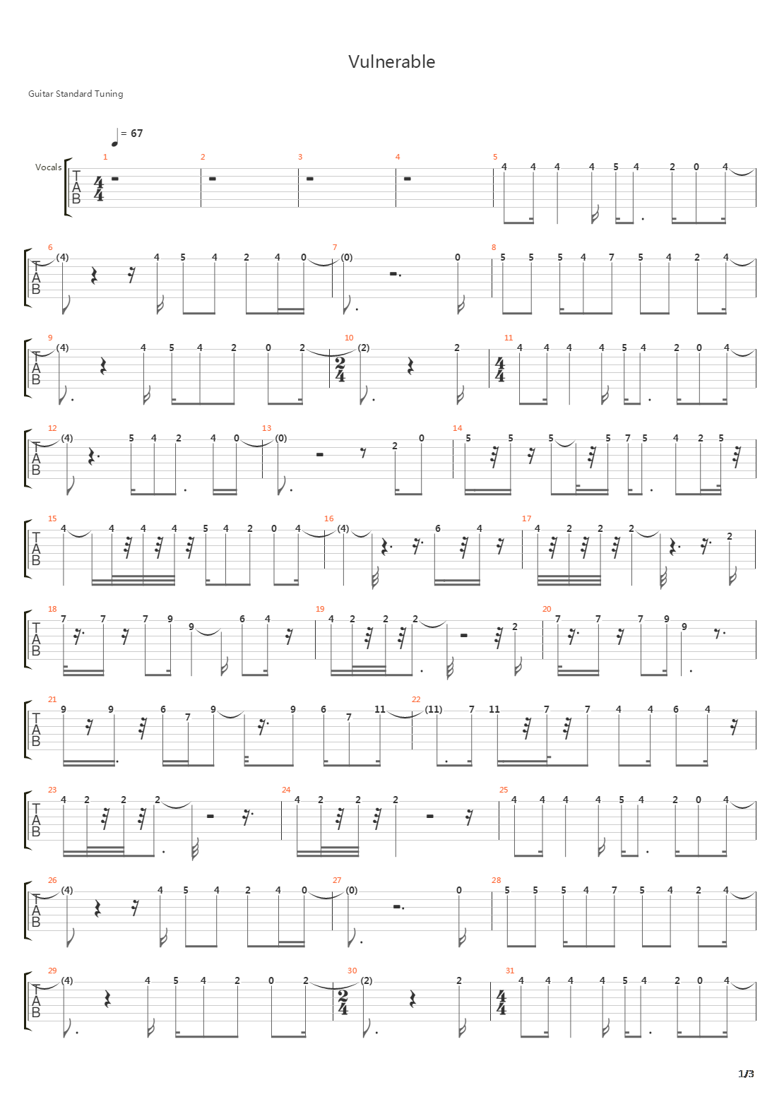 Vulnerable吉他谱