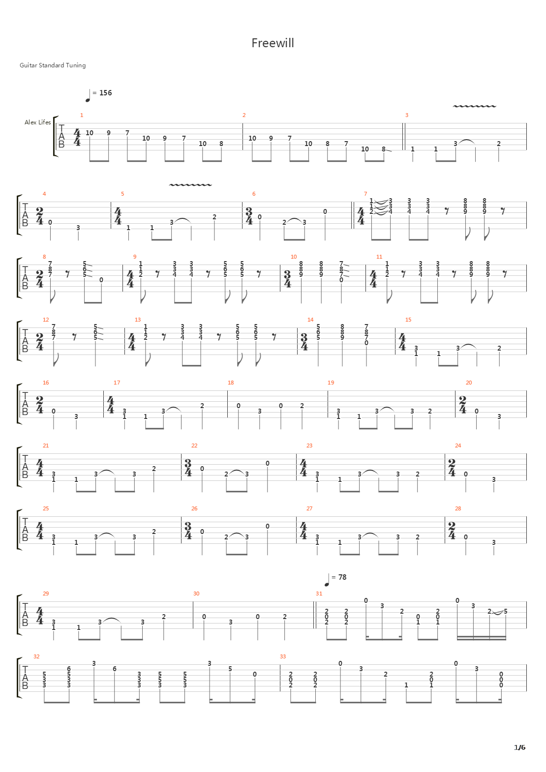 Freewill吉他谱