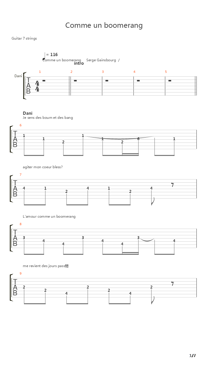 Comme Un Boomerang吉他谱