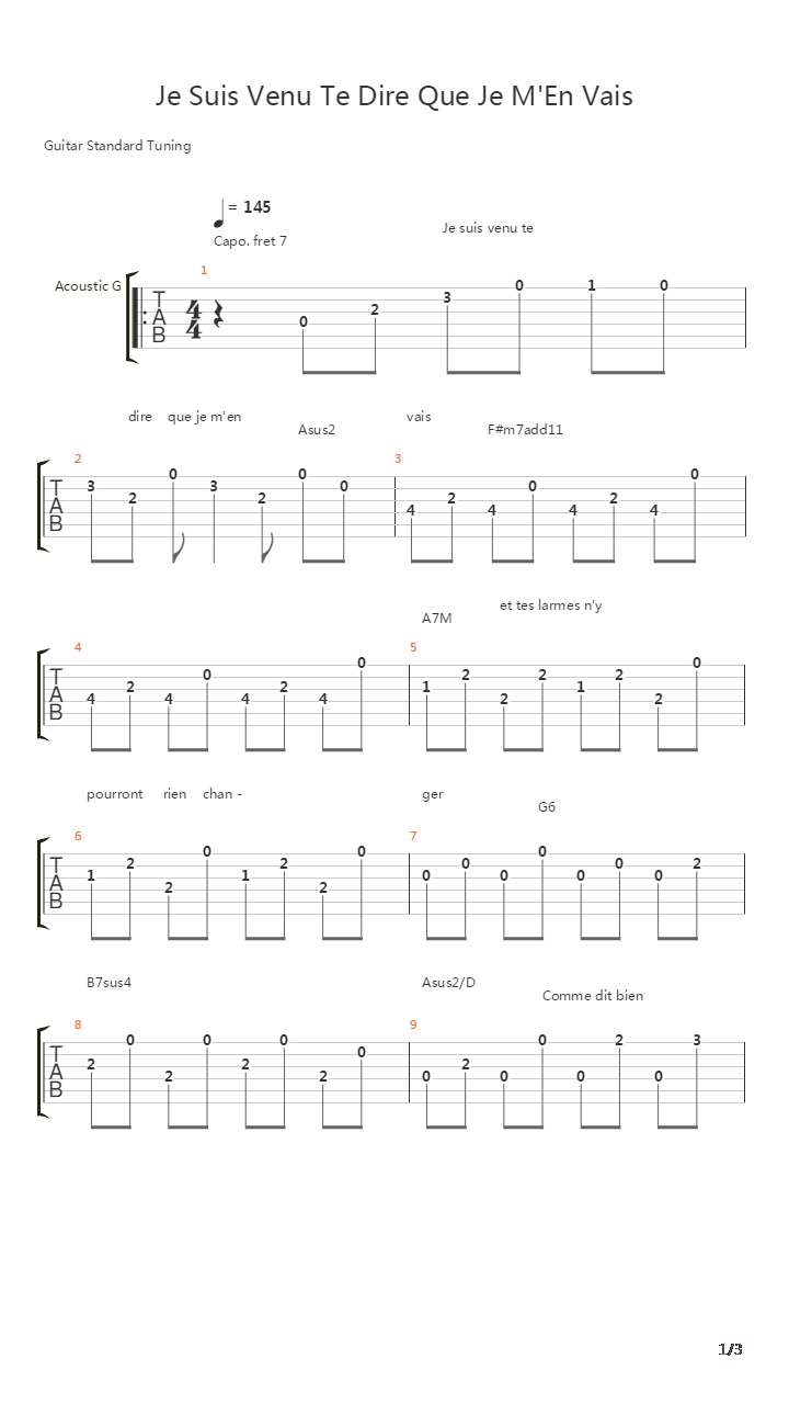 Je Suis Venu Te Dire Que Je Men Vais吉他谱