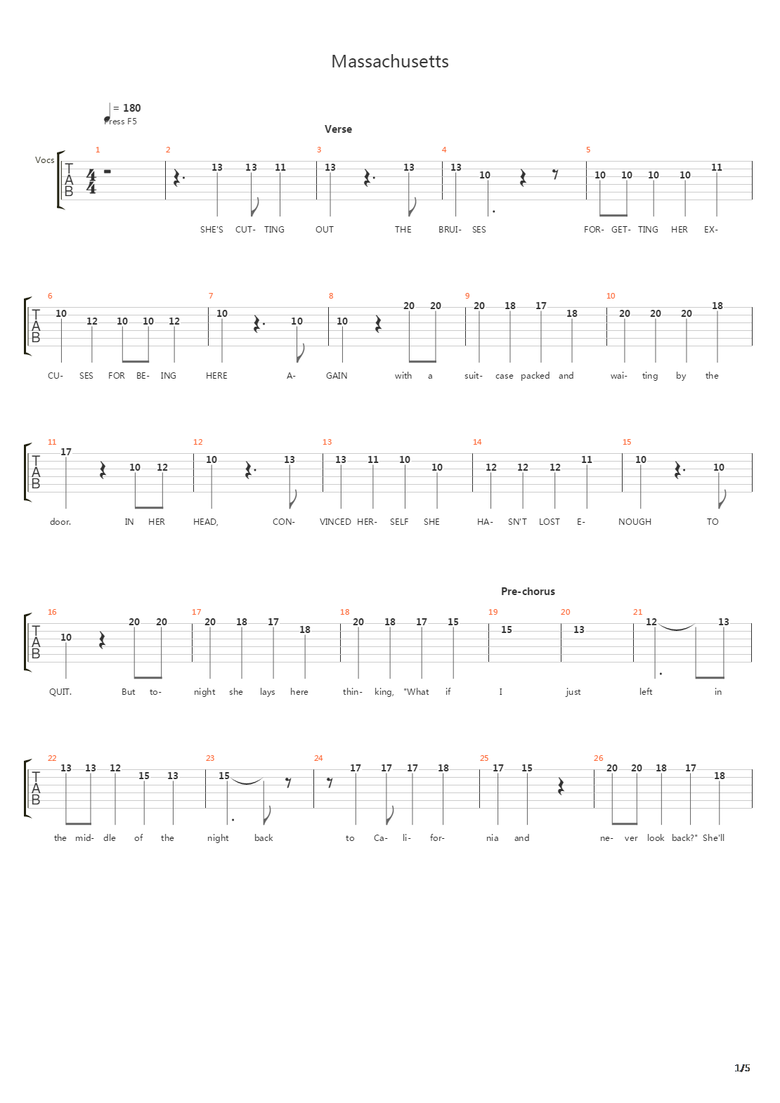 Massachusetts吉他谱