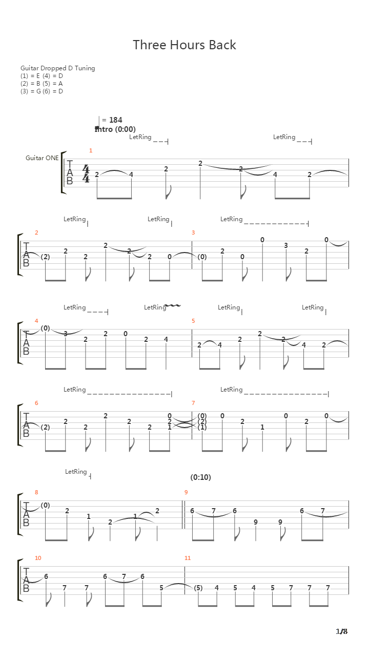 Three Hours Back吉他谱