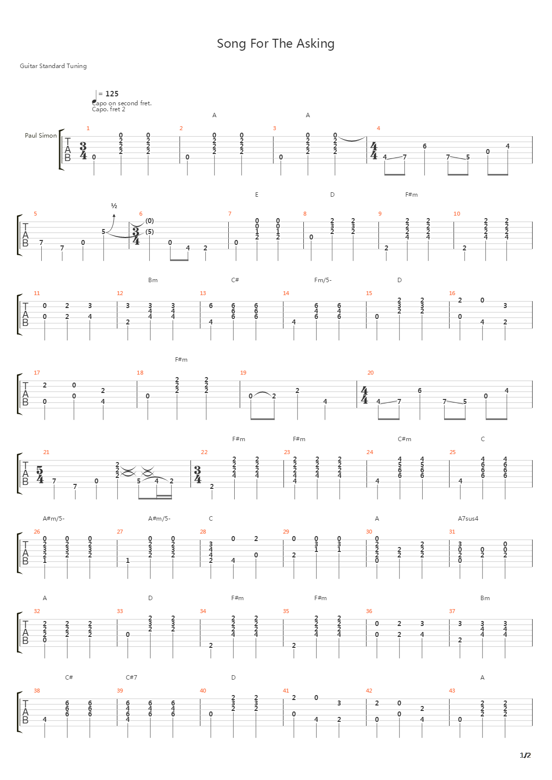 Song For The Asking吉他谱