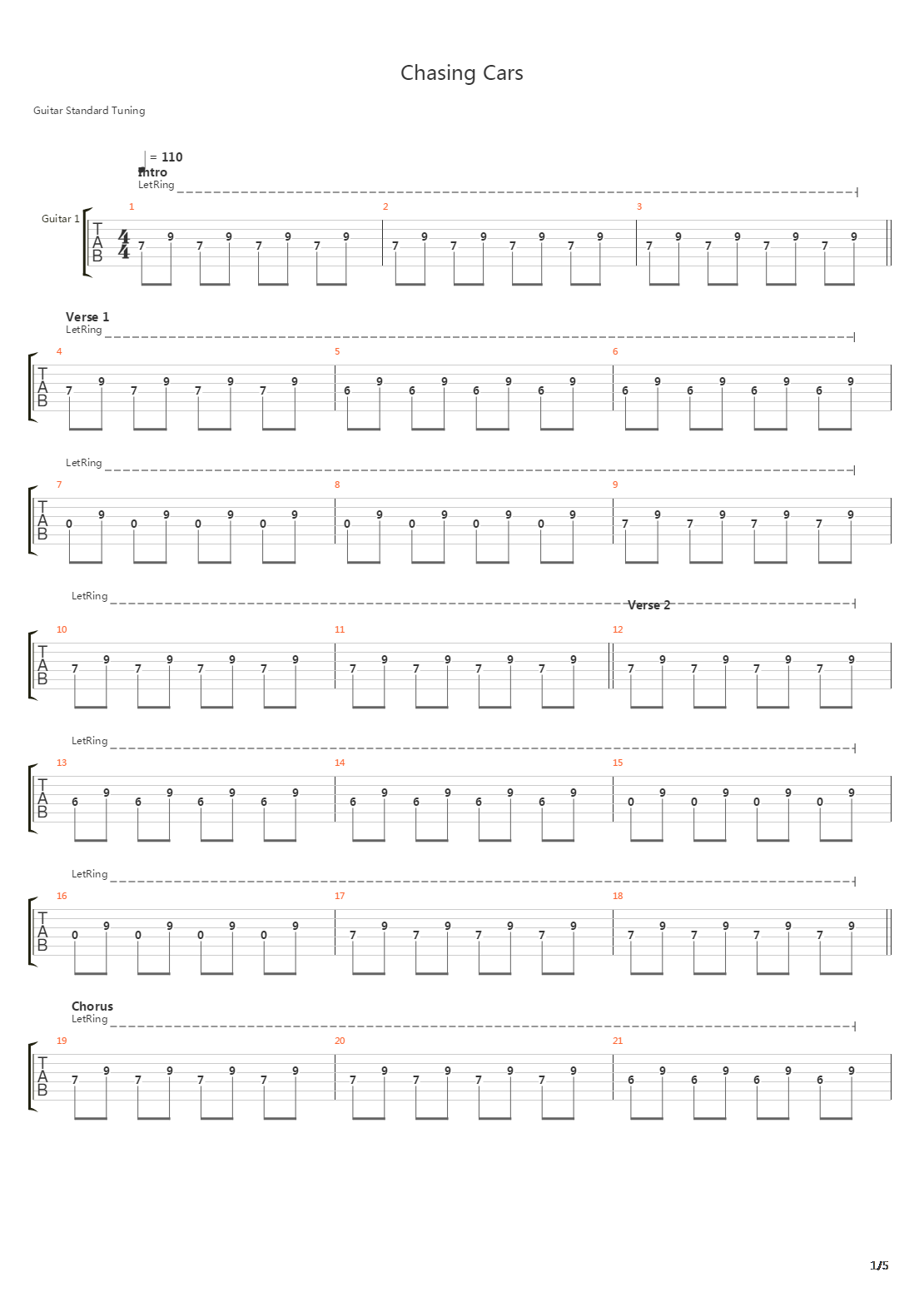 Chasing Cars吉他谱
