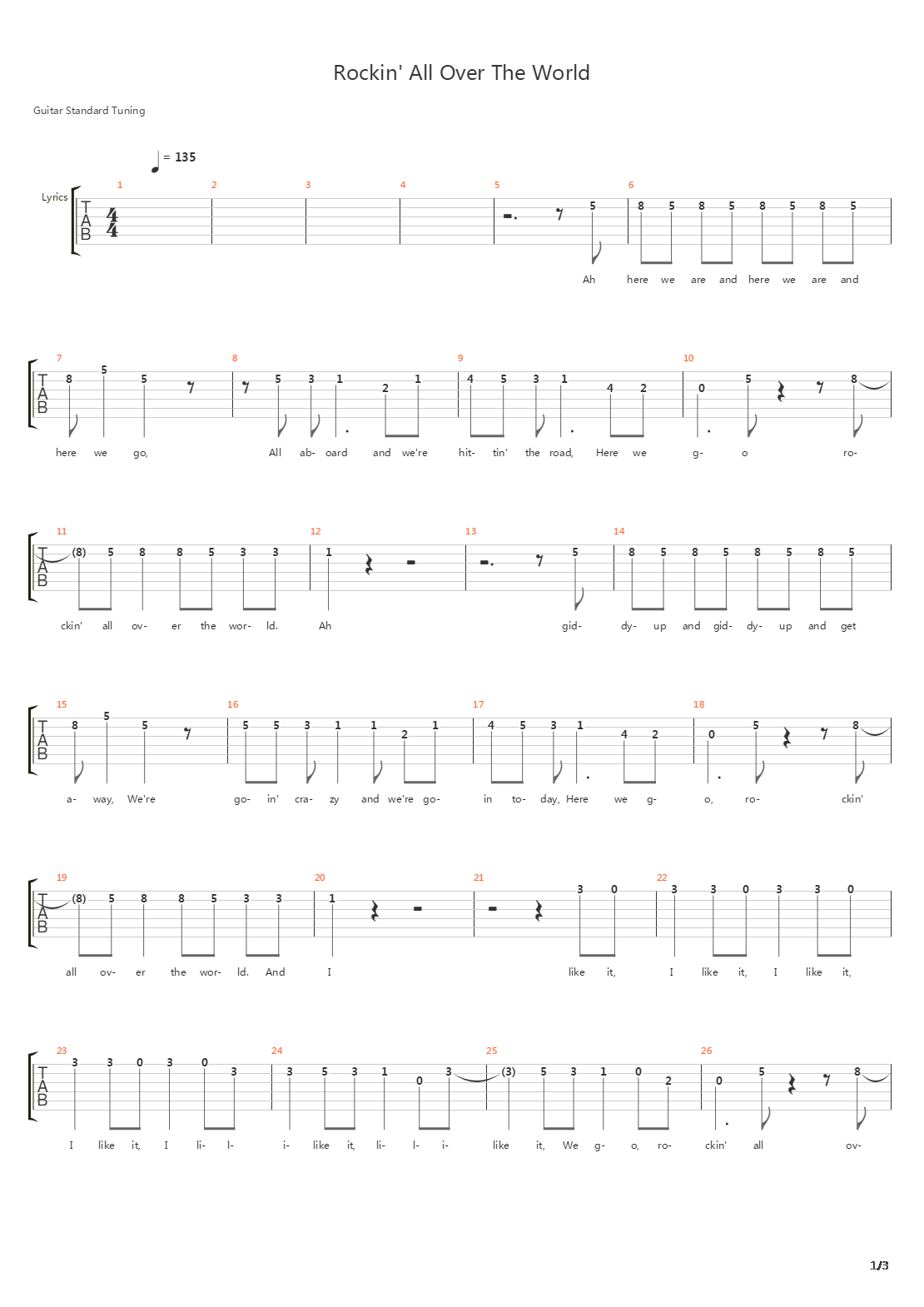 Rockin All Over The World吉他谱