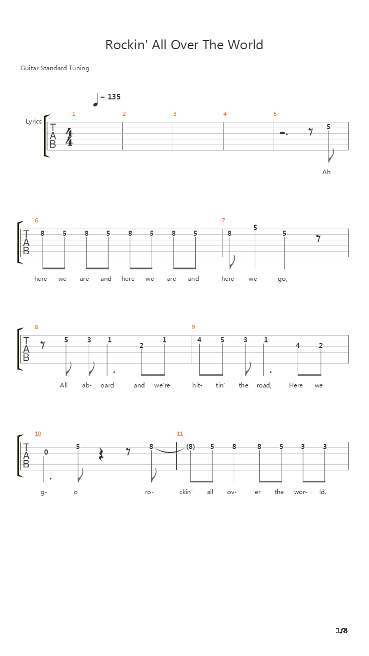 Rockin All Over The World吉他谱