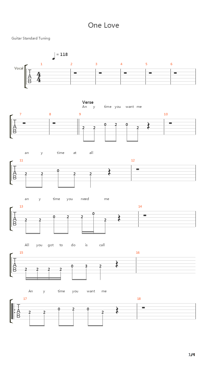 One Love吉他谱