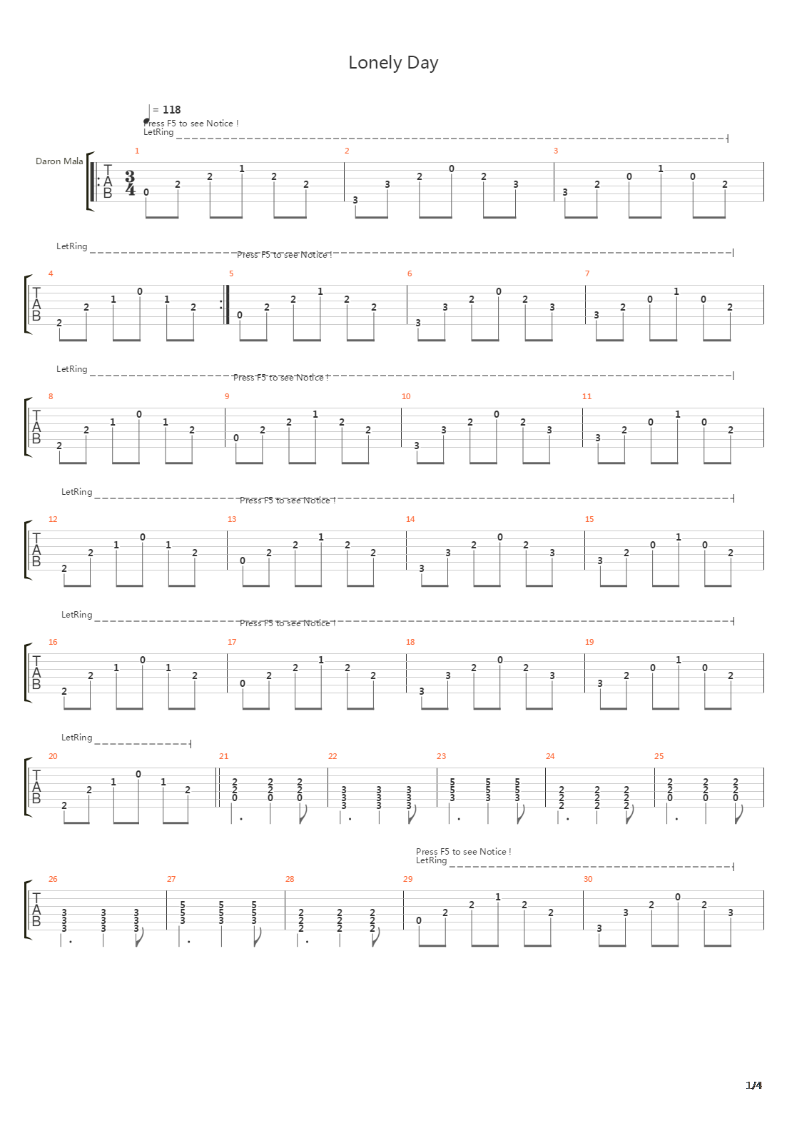 Lonely Day吉他谱