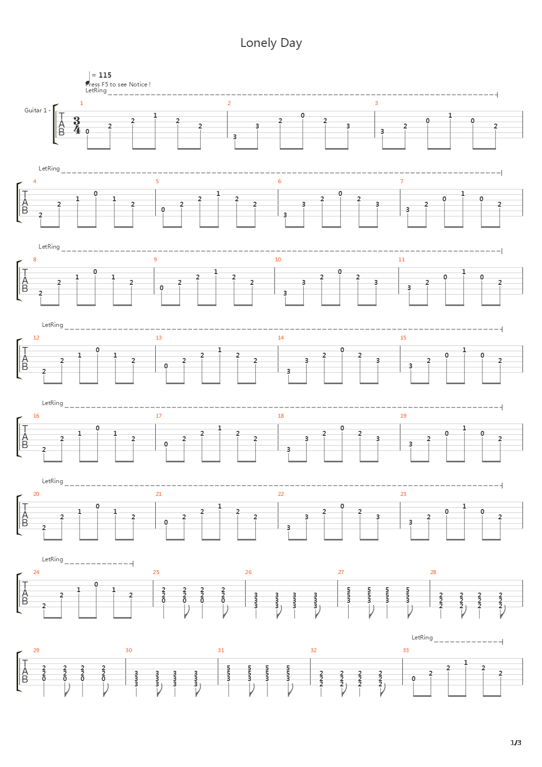 Lonely Day吉他谱