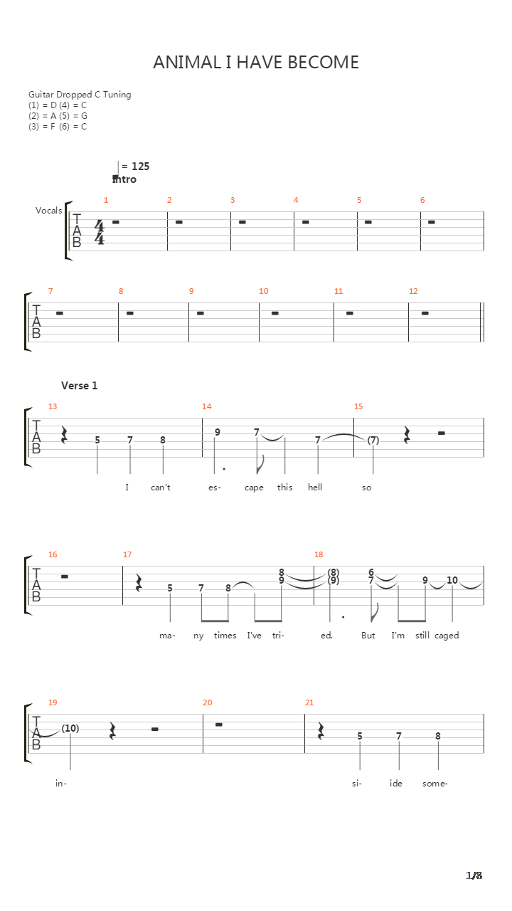 Animal I Have Become吉他谱