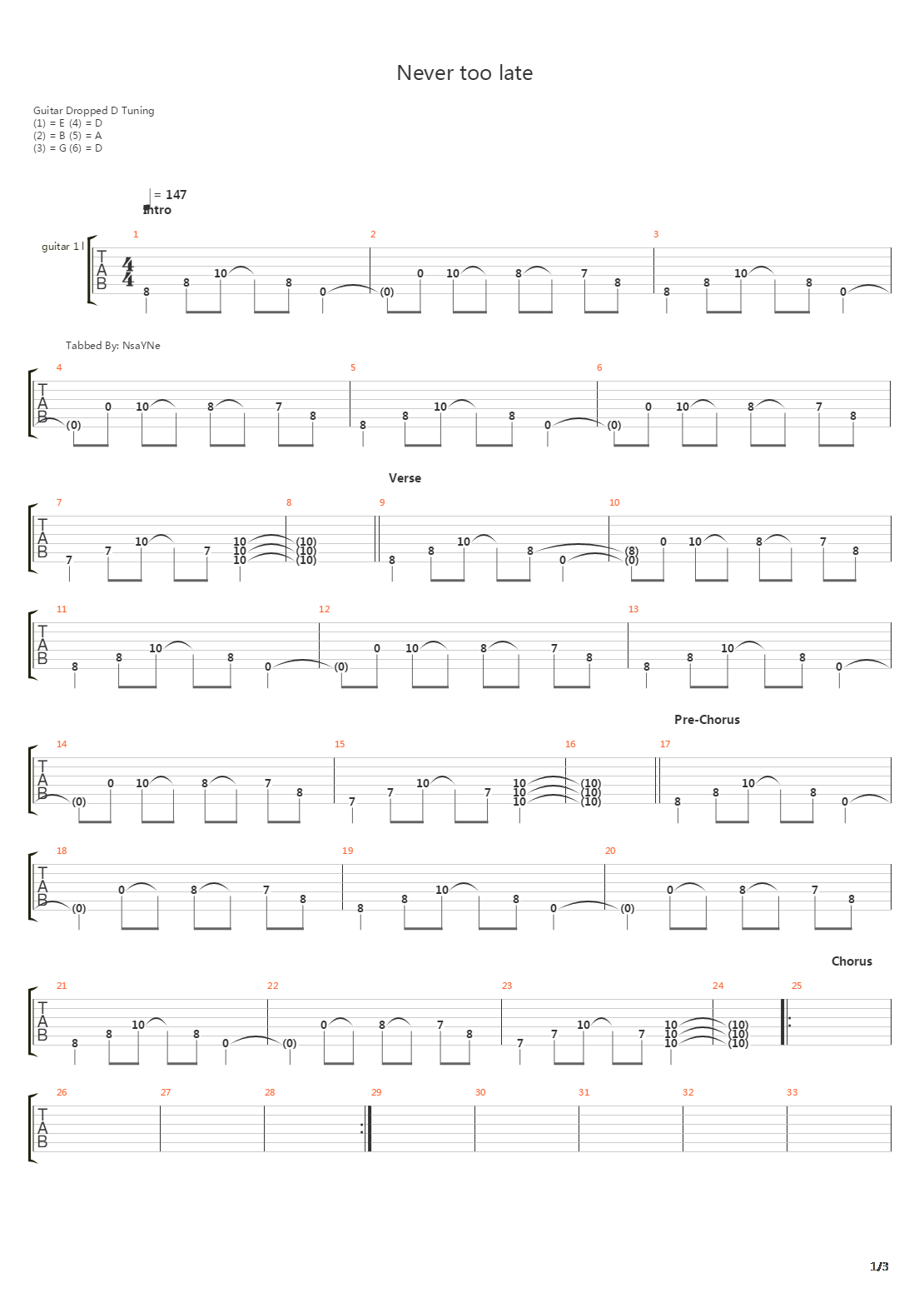 Never Too Late吉他谱