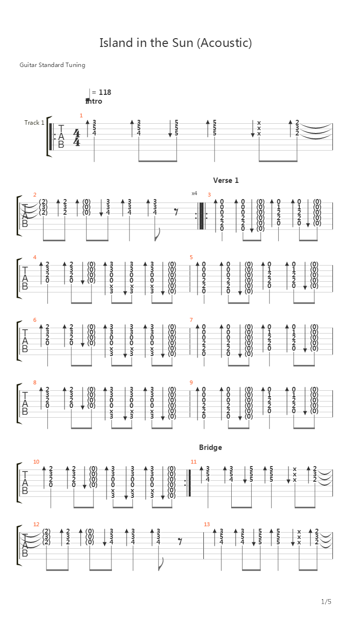 Island In The Sun吉他谱