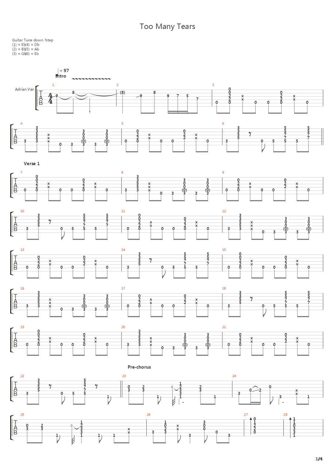 Too Many Tears吉他谱