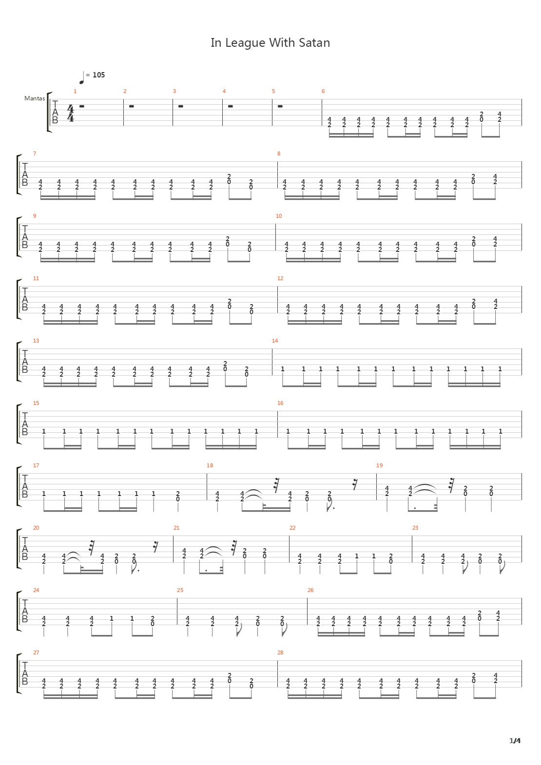 In League With Satan吉他谱
