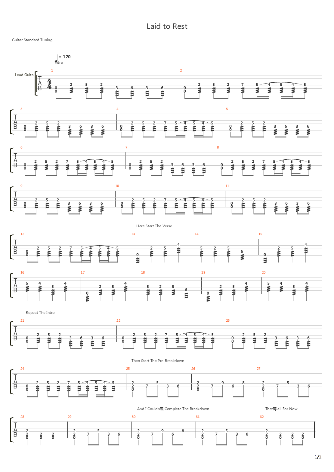 Laid To Rest吉他谱