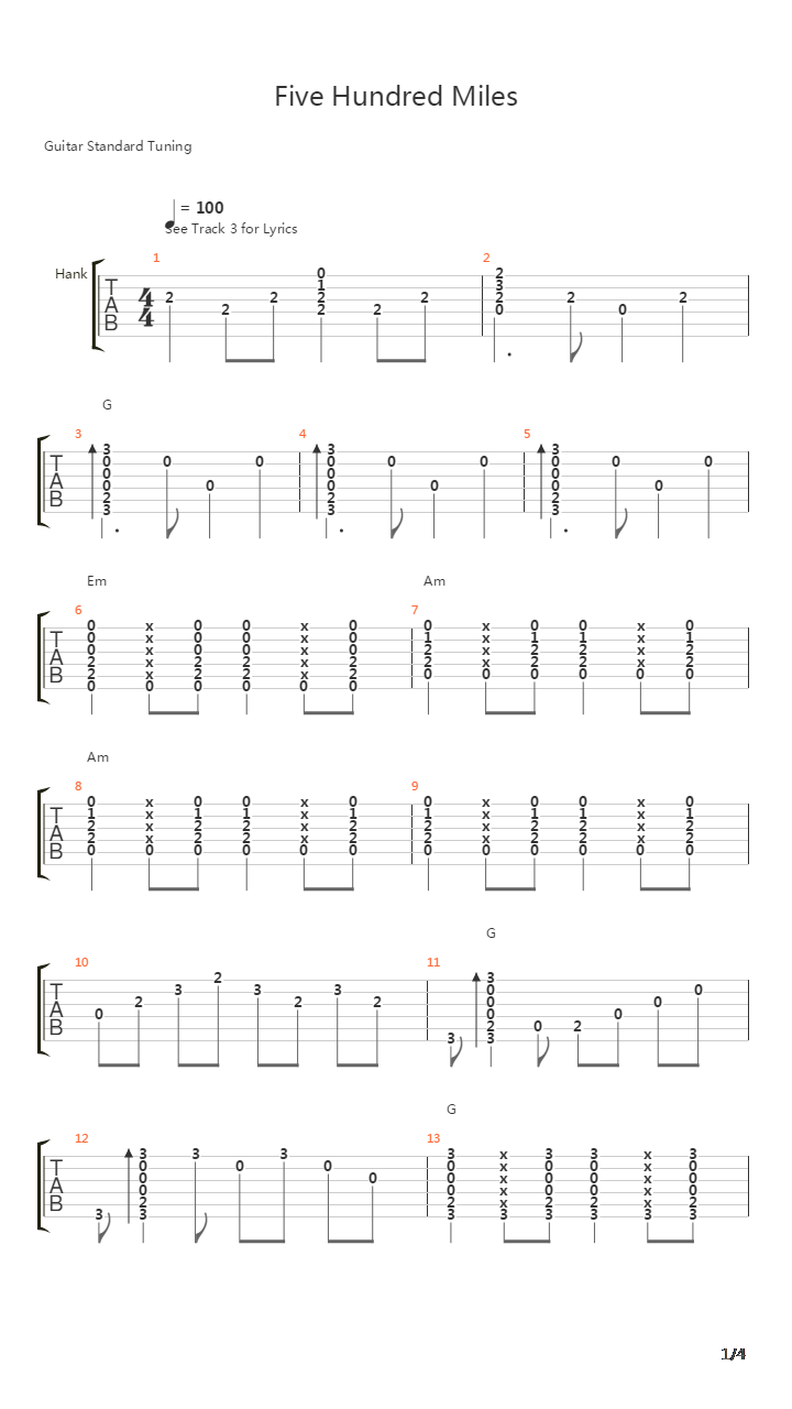 Five Hundred Miles吉他谱