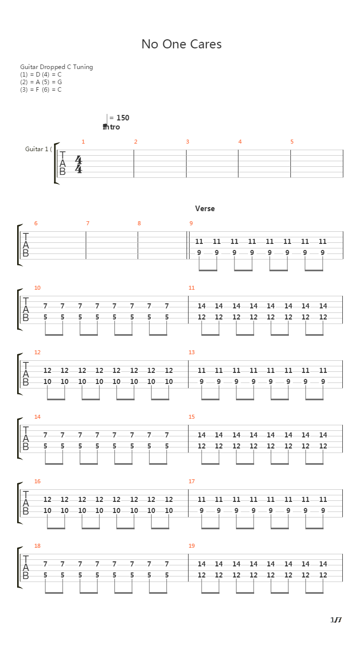 No One Cares吉他谱