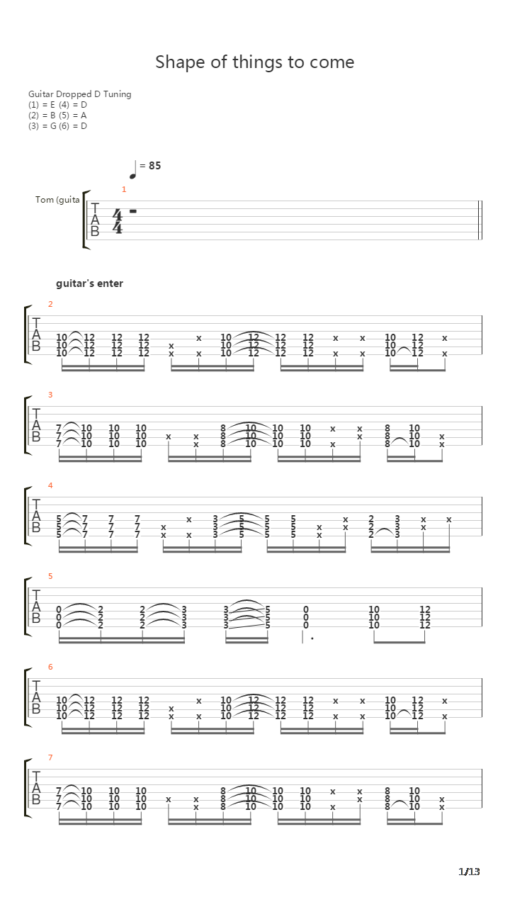 Shape Of Things To Come吉他谱