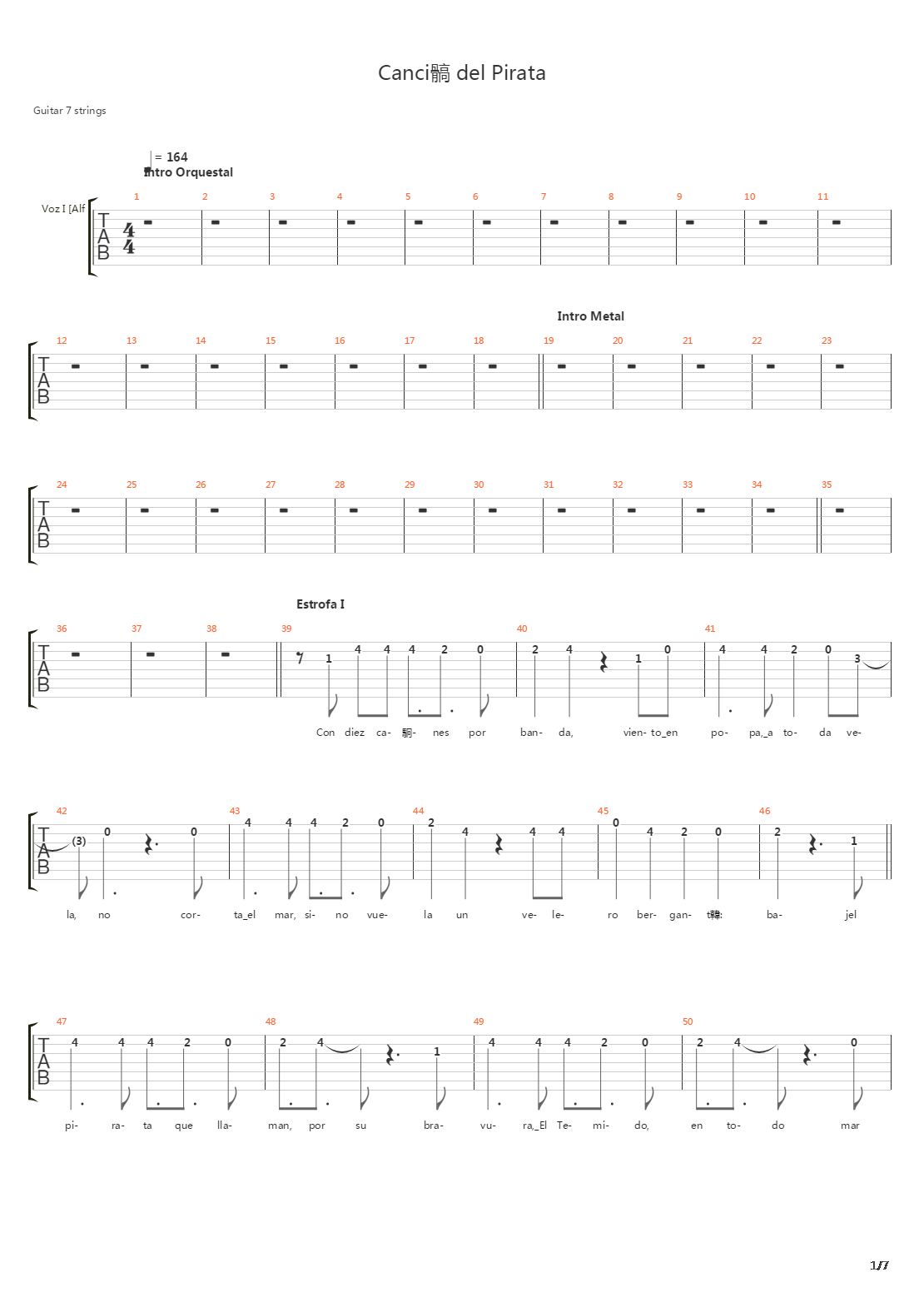 Cancion Del Pirata吉他谱