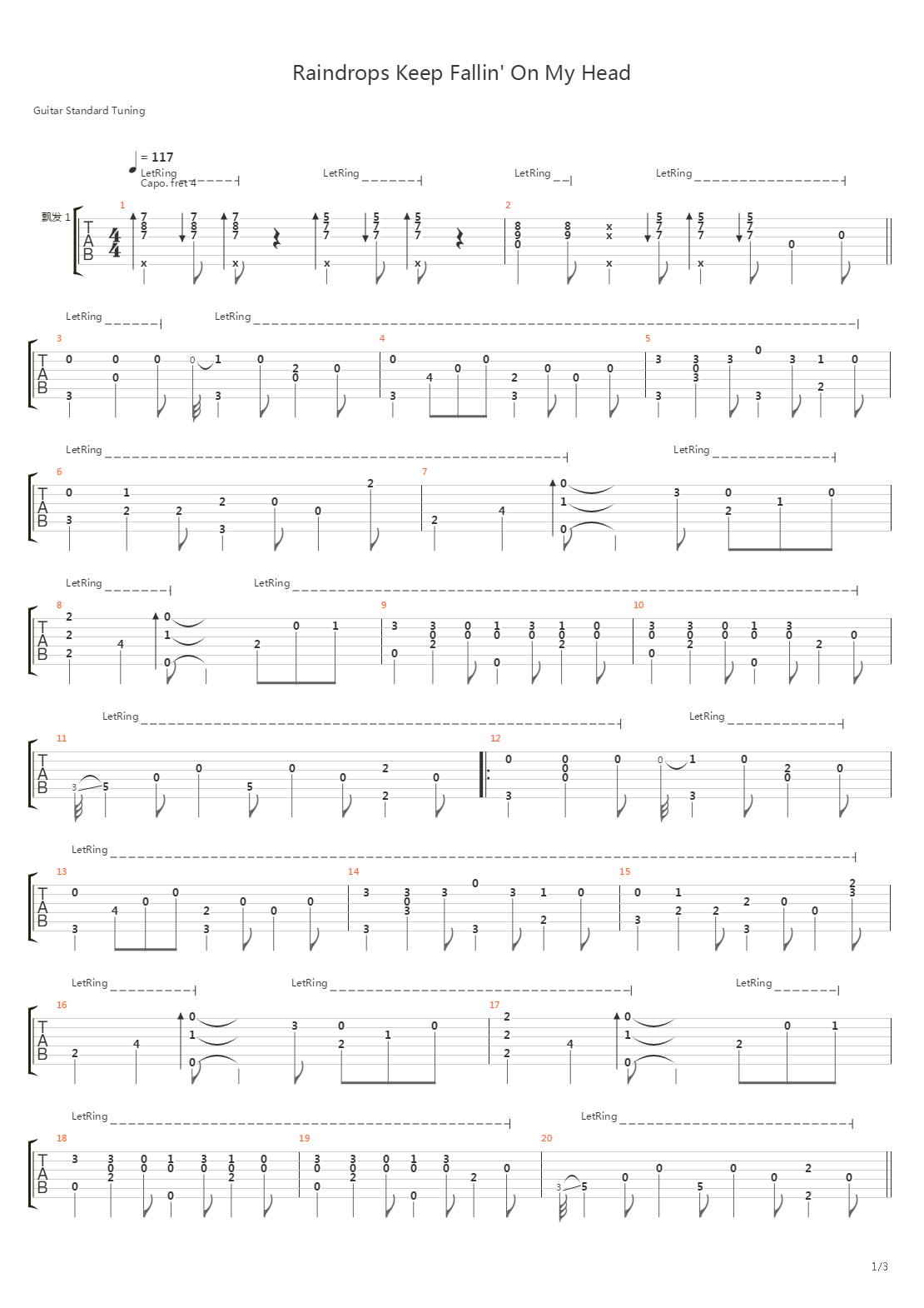 雨にぬれても(Raindrops Keep Fallin' On My Head)吉他谱