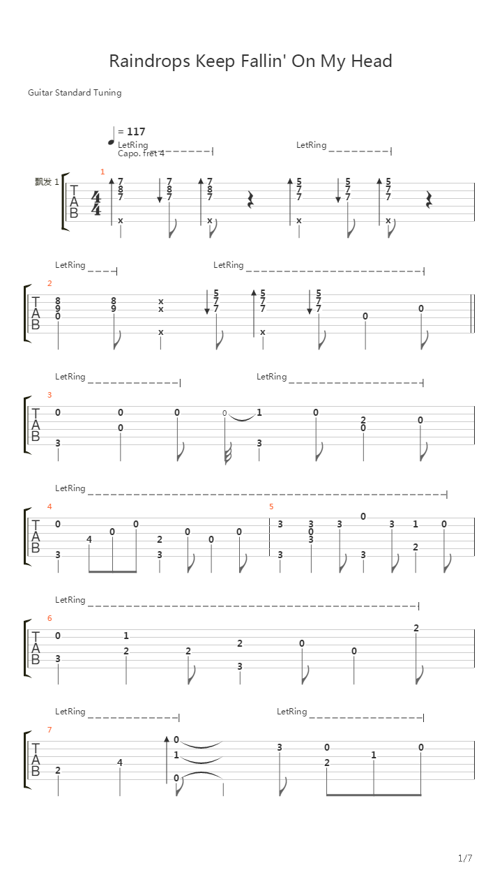 雨にぬれても(raindrops keep fallin on my head)吉他譜