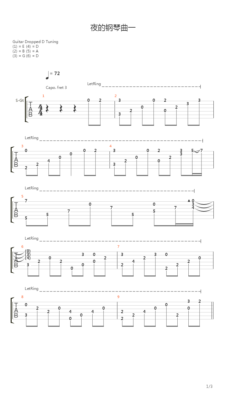 夜的钢琴曲一吉他谱