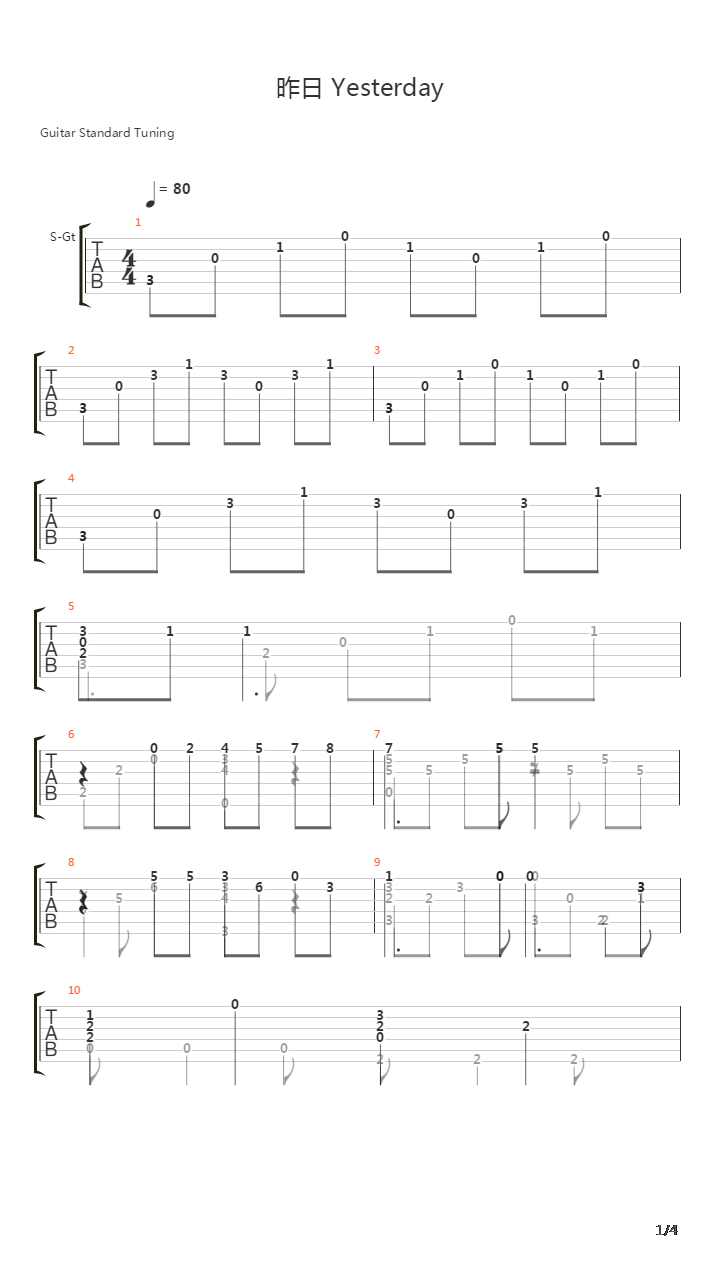Yesterday(昨日)吉他谱