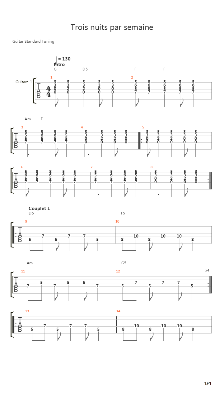 Trois Nuits Par Semaine吉他谱