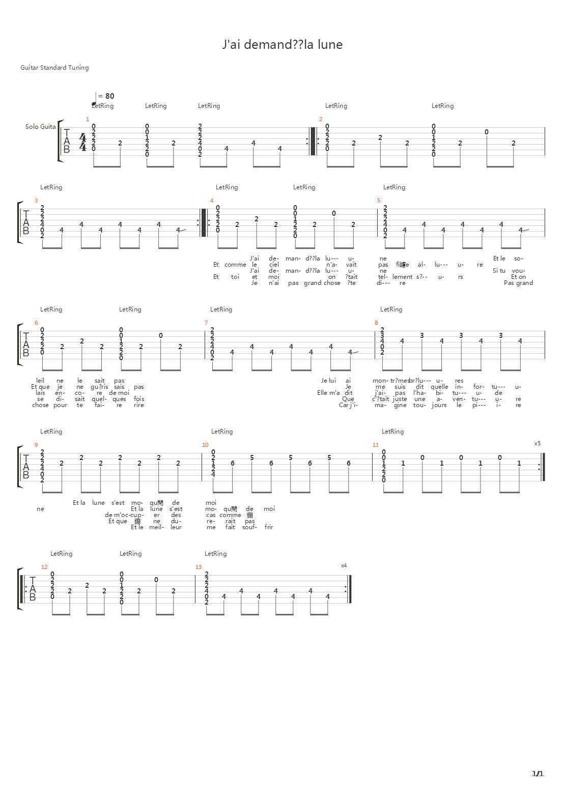 Jai Demand La Lune吉他谱